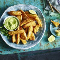 Crispy Coconut Chicken Strips with Avocado Coriander Dip